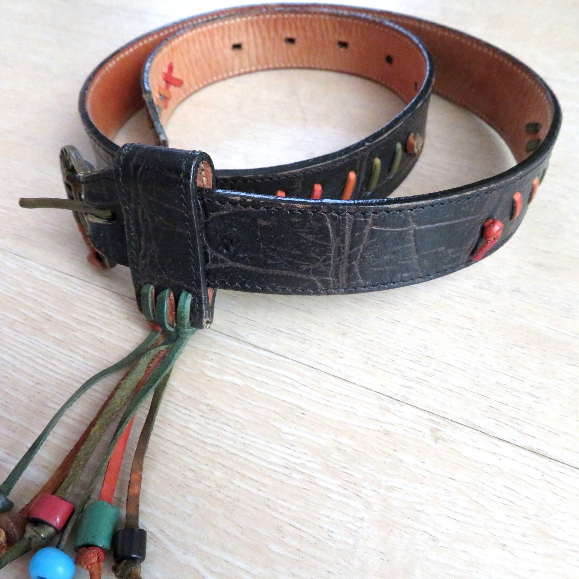 Vintage 80s Carlos Falchi Leather Belt Black Embossed Womens