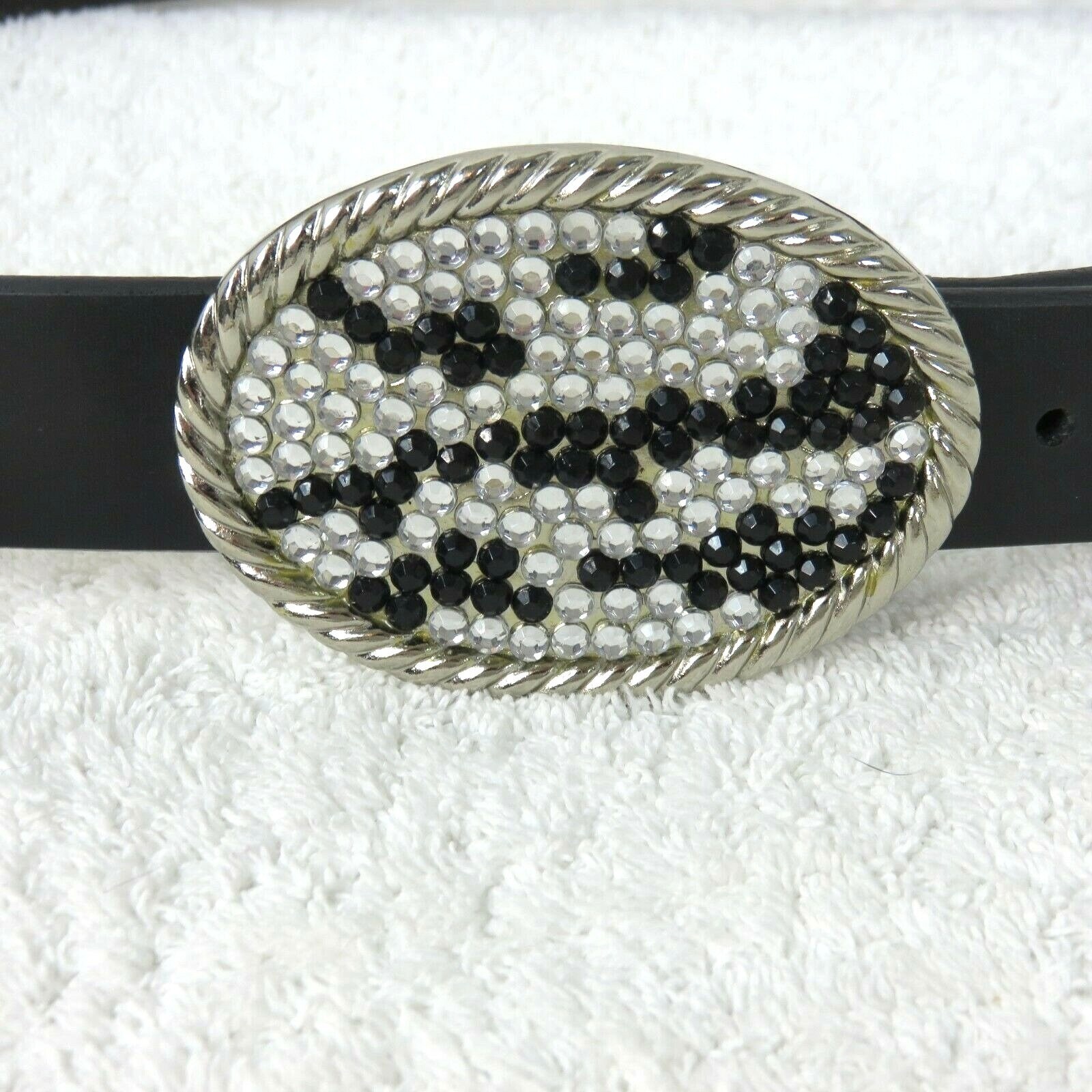 Vintage Black Leather Belt with Crystal Buckle & Hardware Size S/M Black Leather Casual Vintage Belts for sale | eBay main image 4