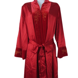 Vintage 90er Jahre Morgan Taylor voller Länge Sweep Morgenmantel S Velour Trim befestigt Gürtel