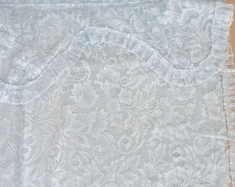 May include: A light blue lace fabric with a white floral pattern. The fabric has a ruffled edge.