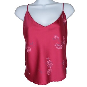 Vintage Sabrina for Mervyns Satin Camisole Tank Top L Raspberry Red Floral Low Back USA Made