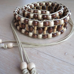 Vintage 90s Y2K Handmade Macrame Belt Brown Wooden Beads Womens 31&quot; Length Boho Hippie Festival