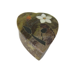 Heart Shape Soap Stone Inlaid Mother Of Pearl Flower Trinket Jewelry Box Vintage Small