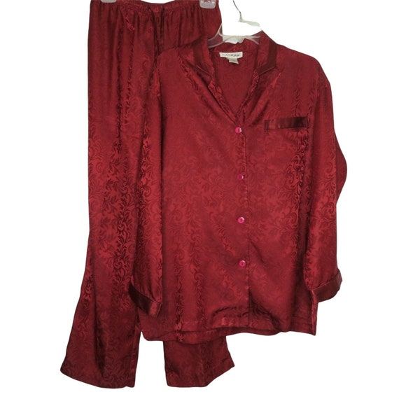 Vintage 90s Y2K Red Satin Brocade Pajama Set L Lo… - image 7
