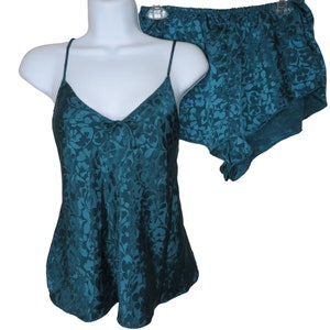 Vintage Val Mode Cami Shorts Pajama Set L Green Brocade Lingerie USA Made