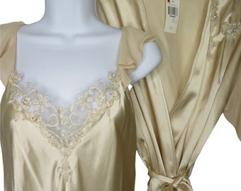 Vintage 90s Y2K Peignoir Set S Beige Satin Chiffon Full Length Slip Nightgown Robe Wedding Glam Pinup New Old Stock