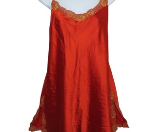 Vintage 80s Victoria's Secret Satin Silk Nightgown M Red Gold Lace All Around Trim