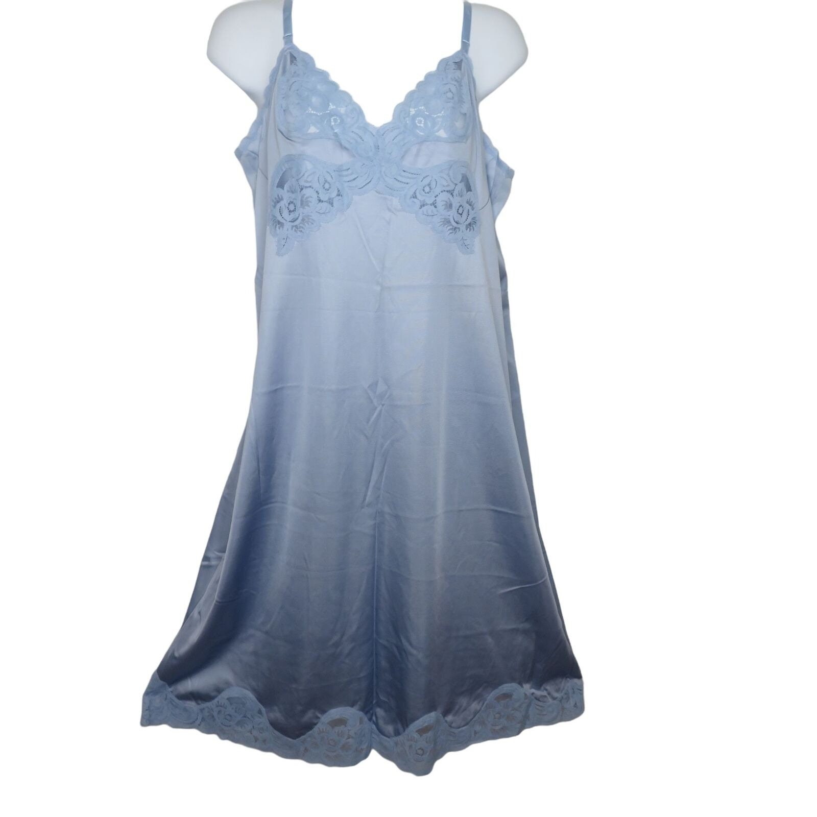 Vintage Knee Length Nylon Chemise Slip Dress M Blue Lingerie Lace