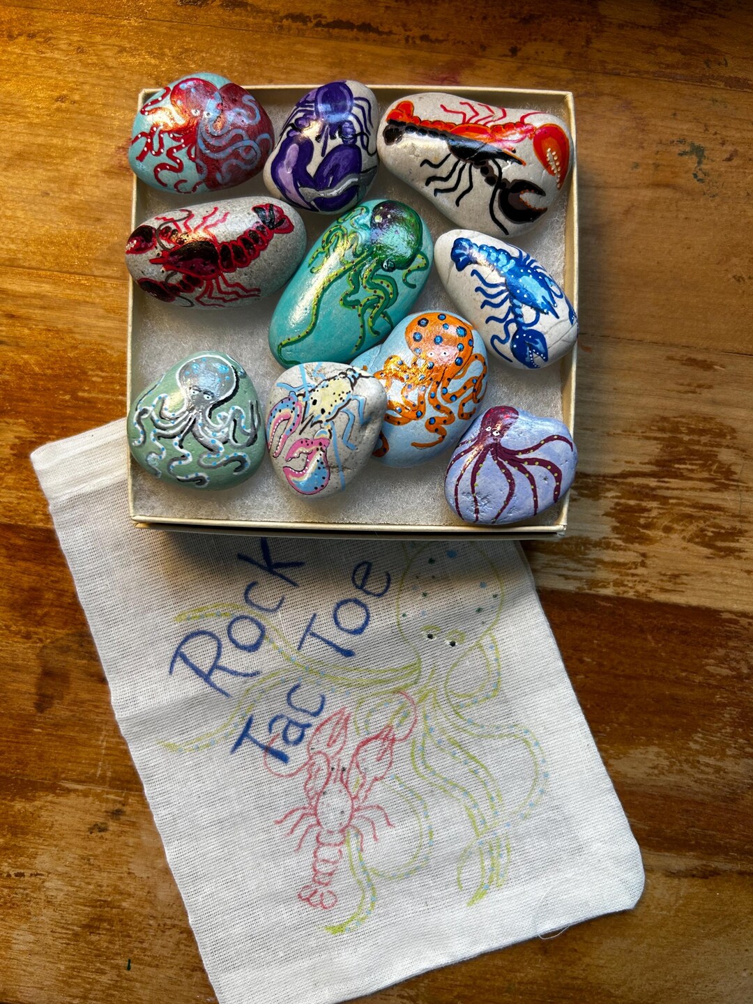 Hand Painted Rock Tic Tac Toe Game With OCTOPUS and LOBSTER - Etsy