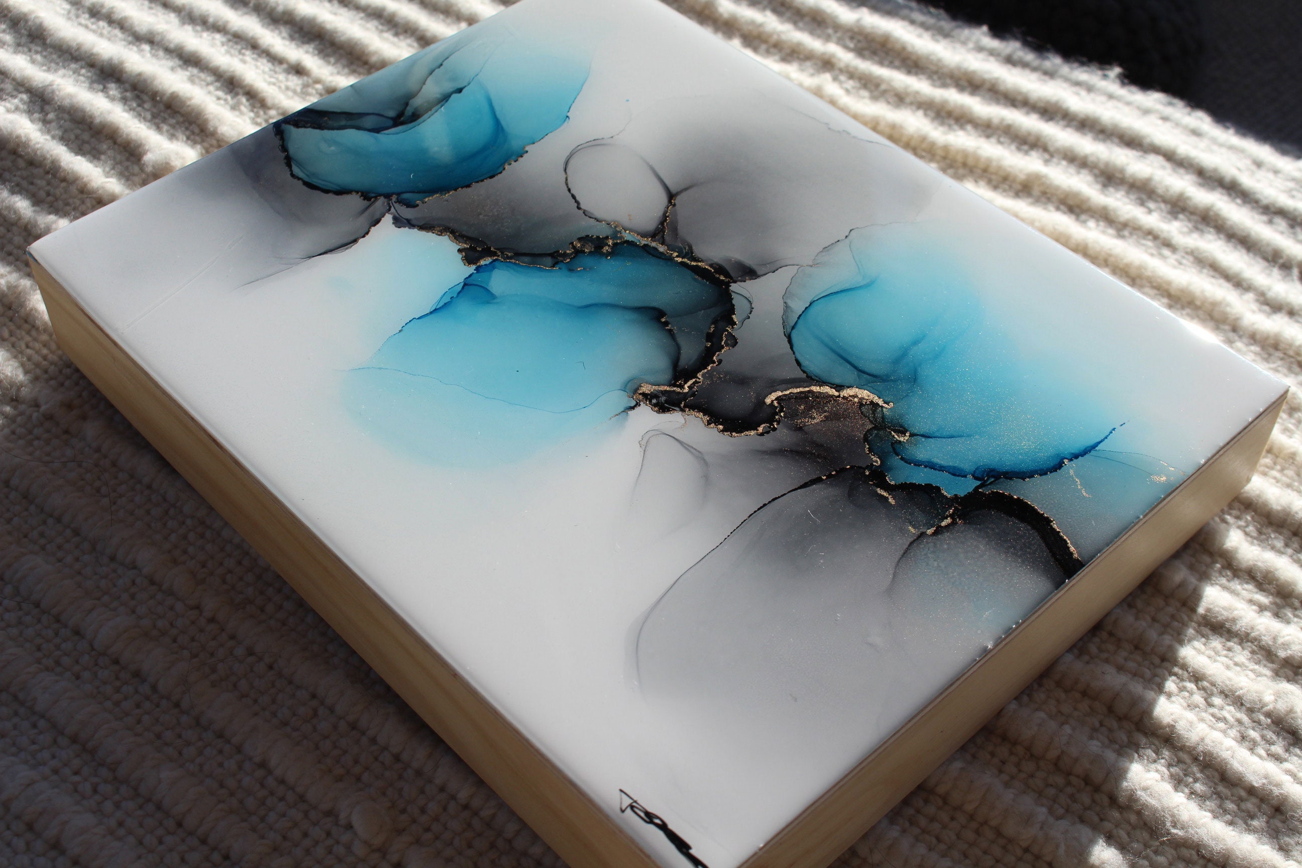 Original Alcohol Ink Art, Alcohol Ink Art on Yupo Paper mounted on a wood  panel, Modern Art, Abstract Art, blue gold and grey 9 x 12resin