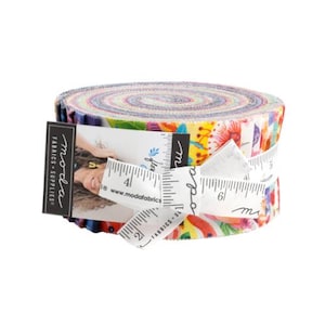 May include: A Moda Fabrics roll of colorful fabric featuring a floral print with a white background. The roll is wrapped with a white measuring tape and a Moda Fabrics label.