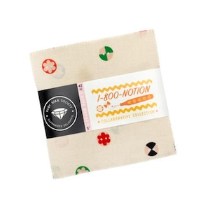 May include: A square charm pack of 42 fabric squares measuring 5 inches, featuring a cream background with small colorful button illustrations. A white paper band wraps around the center with the text 1-800-NOTION and Ruby Star Society logo.