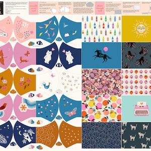 May include: A fabric panel with various designs for making face masks. The panel features a variety of patterns, including floral, geometric, and animal prints. The panel is designed to be cut into individual mask shapes.