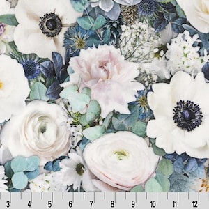 May include: A floral pattern featuring a variety of flowers in shades of white, pink, and blue. The design includes roses, anemones, and other blooms, with a ruler at the bottom showing measurements in inches.