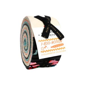 May include: A jelly roll of fabric strips featuring a variety of colorful patterns, including black, pink, and teal. A white paper label is tied with a black ribbon, displaying the text Ruby Star Society, 1-800-NOTION, and Collaborative Collection.