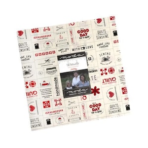 May include: A cream-colored fabric with red and black text and designs. The fabric features a variety of sewing-themed phrases, including "Make Life Creative", "Sewing", "Quilts Sunshine", and "Good Day for a Quilt". The fabric also includes a small label with the words "moda threads" and a larger label with the words "moda fabrics & supplies".