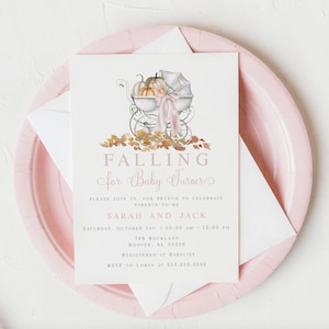 Pumpkin Stroller Pink Bow Fall Baby Shower Invitation, Printed Invitation