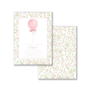 May include: Pink and green floral patterned invitation with a pink balloon with the letter "A" on it. The text reads "Please join us to celebrate Abigail's First Birthday! Sunday, May 15th at Noon 123 Smith Drive Collinsville, TN 38350 RSVP to Sarah at 555-555-5555"