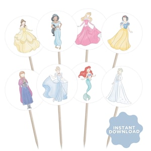 Printable Princess Cupcake Toppers, Digital Download Cupcake Toppers, Instant Download PDF, Princess Cupcake Toppers