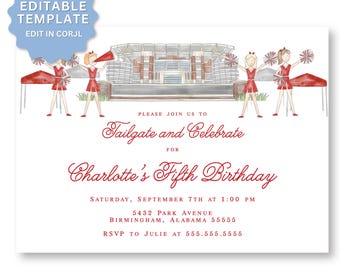 May include: A birthday invitation card featuring a watercolor illustration of a stadium and four cheerleaders in red uniforms with pom-poms. The text reads: Please join us to Tailgate and Celebrate for Charlotte's Fifth Birthday, Saturday, September 7th at 1:00 PM, 5432 Park Avenue, Birmingham, Alabama 55555, RSVP to Julie at 555.555.5555.