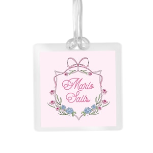 Bag Tag, Kids Bag Tag, Personalized Bag Tag, Pink Floral Crest Luggage Label, Durable Laminated ID, Custom Child Name Tag for Travel