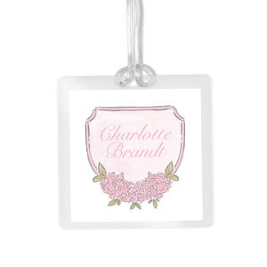Bag Tag, Kids Bag Tag, Personalized Bag Tag, Pink Hydrangea Crest Luggage Identifier, Laminated Durable Label, Custom Child Travel Accessory