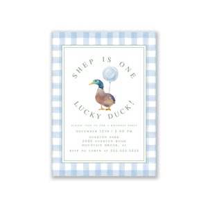 Printable ONE Lucky Duck Gingham First Birthday Party invitation, Digital Download