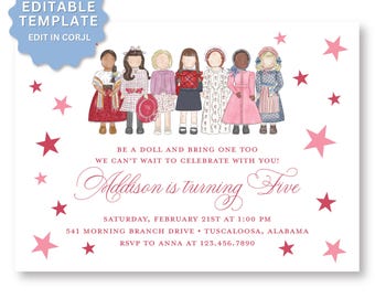 May include: A white invitation card with pink stars and illustrations of dolls. The text reads "Addison is turning Five" and includes event details. The top left corner has a blue label that says "Editable Template".