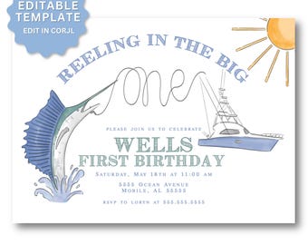 Puede incluir: Una invitación de estilo acuarela con temática de pesca. El diseño presenta un marlín azul saltando fuera del agua, un barco de pesca y un sol. El texto incluye "Reeling in the Big One" y "Wells First Birthday".