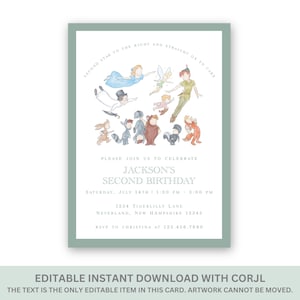 May include: A light green invitation card featuring a watercolor illustration of Peter Pan and other characters. The text reads "Second Star to the Right and Straight on to Cake" and invites guests to Jackson's second birthday party. Includes date, time, and RSVP information.