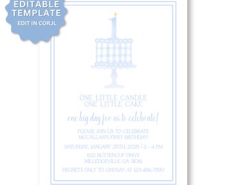 May include: A light blue and white birthday invitation template featuring a cake illustration with a number one candle. Text reads: ONE LITTLE CANDLE ONE LITTLE CAKE, one big day for us to celebrate! PLEASE JOIN US TO CELEBRATE MCCALLAN'S FIRST BIRTHDAY!