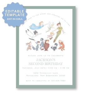 May include: A rectangular invitation card with a sage green border featuring watercolour illustrations of Peter Pan characters. Text reads: Second star to the right and straight on to cake, Please join us to celebrate Jackson's second birthday.