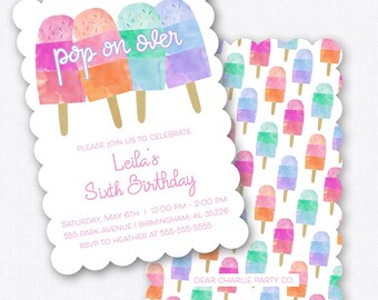 Scalloped Popsicle Invitation, Pop On Over Birthday Invitation, Scallop Invitation