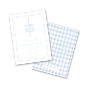 May include: A blue and white gingham pattern invitation for a first birthday party. The invitation features a blue cake with a single lit candle and the text "ONE LITTLE CANDLE ONE LITTLE CAKE one big day for us to celebrate!"  The invitation also includes the party details: date, time, address, and RSVP information.