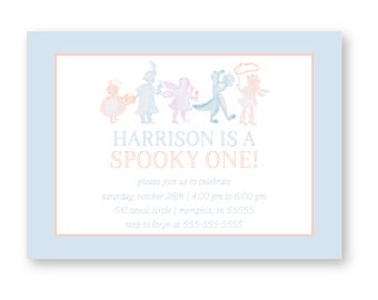 May include: A light blue invitation with a peach border and text that reads "HARRISON IS A SPOOKY ONE!". The invitation features watercolor illustrations of costumed figures. Additional text provides event details.