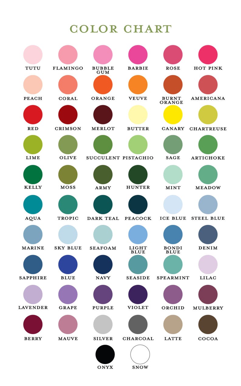 May include: A color chart featuring a variety of hues, each displayed in a circular swatch. The chart includes colors like Tutu, Flamingo, Bubble Gum, Barbie, Rose, and Hot Pink, among others. The text "COLOR CHART" is at the top.
