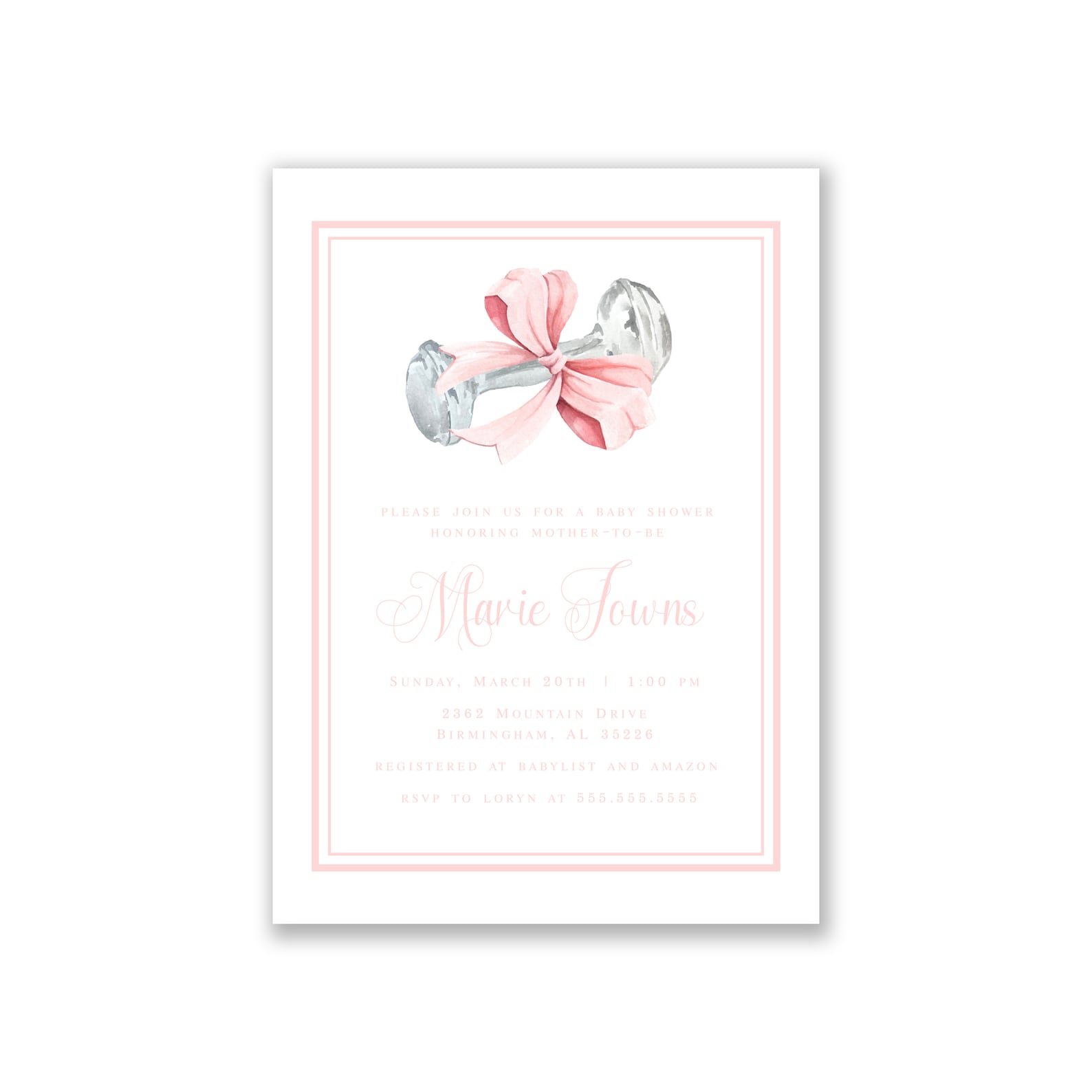 Pink Bow Vintage Rattle Baby Shower Invitation, Classic Girl Baby ...