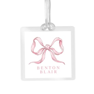 Bag Tag, Luggage Tag, Laminated Bag Tag, Pink Bow Design, Personalized ID Label, Durable Waterproof Material, Easy Attachment