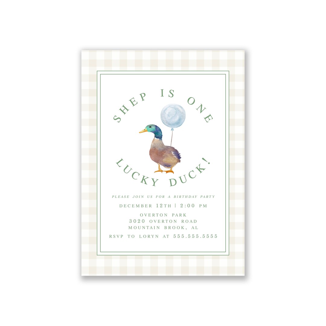 Printable ONE Lucky Duck Gingham First Birthday Party Invitation