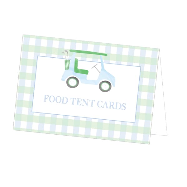 Printable Golf Cart Folded Food Tent Cards, Hole In One Birthday Food Cards