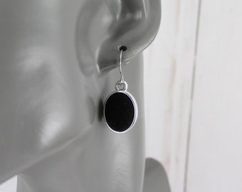 Black Silver velvet small oval Very lightweight dangle earrings 1.25" long velour Silver pendant