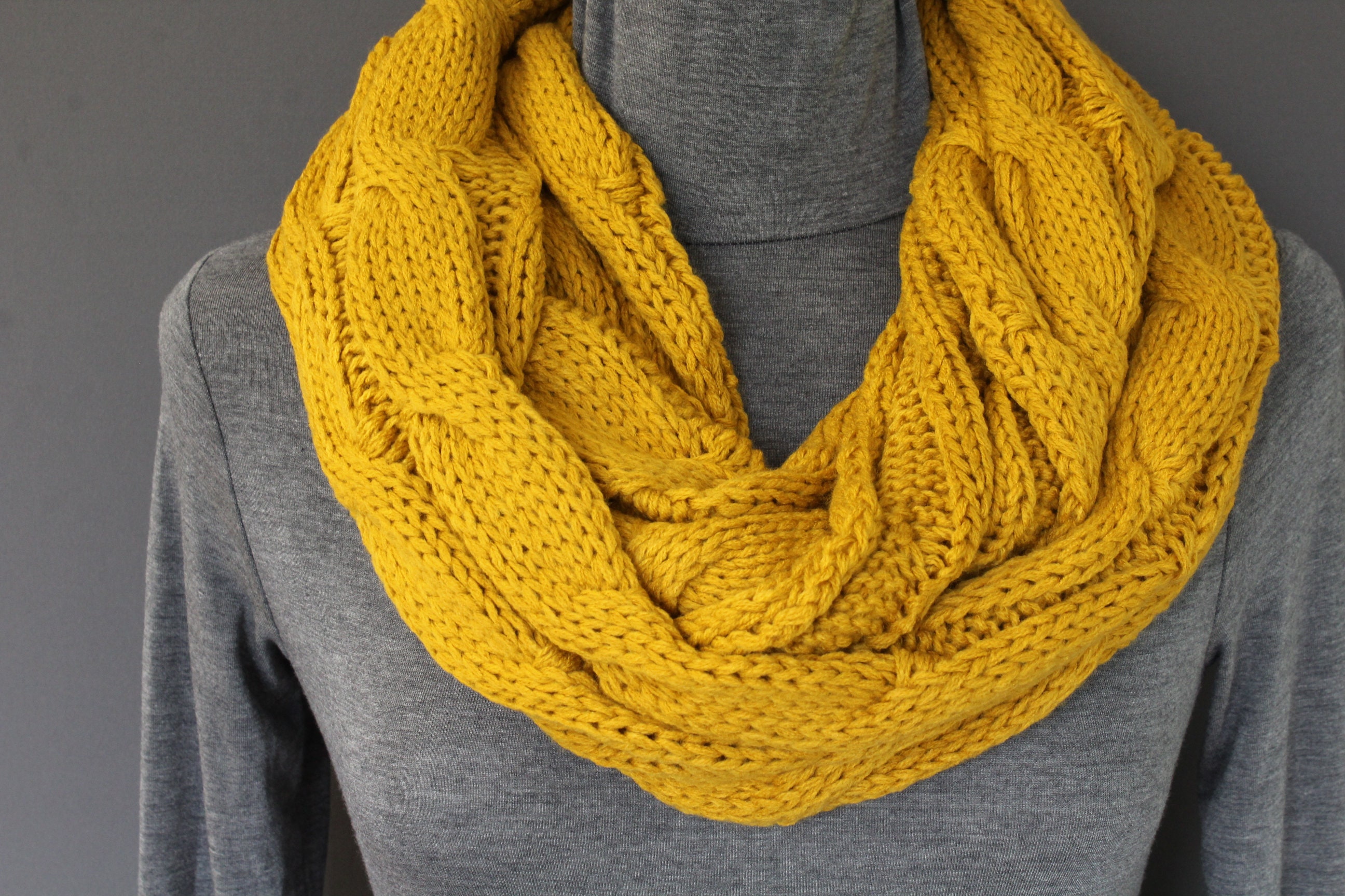 Mustard Cable Knit Infinity Scarf Soft Chunky Knit Circle Endless Loop ...