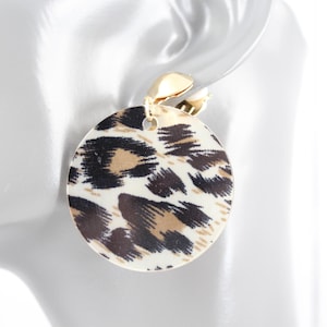 Clip on earrings round cheetah print disc circle dangle clip non-pierced 2 1/8" long gold clips Black Brown White leopard