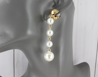Clip On earrings white faux pearl bead dangle chandelier Earrings clip lightweight 2 5/8" long gold classic clip
