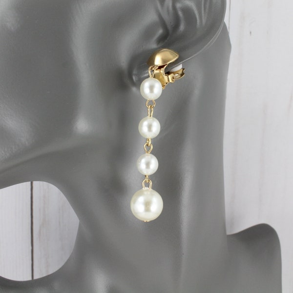 Clip On earrings white faux pearl bead dangle chandelier Earrings clip lightweight 2 5/8" long gold classic clip