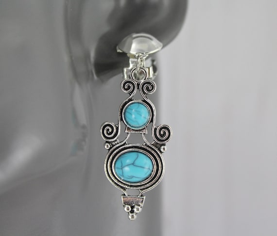 turquoisxe c lip earrings 18K Yellow Gold Turquoise And Diamond Flower Motif Clip On plated button clip Turquoise Resin Hoop Clip Earrings