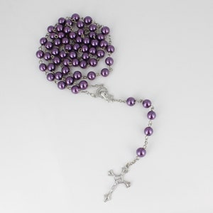 Purple glass bead beaded rosary silver cross long necklace faux pearl 8mm glass beads purple grape
