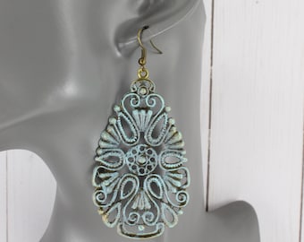 turquoise Big huge earrings bronze medallion teardrop oval filigree cut out dangle drop scroll french hook 3.25" long lightweight blue green