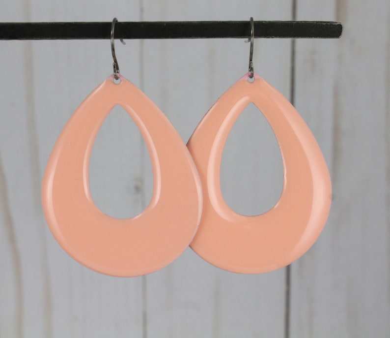 Peach earrings teardrop painted enamel lightweight 2 38 long dangle earrings light coral peach color