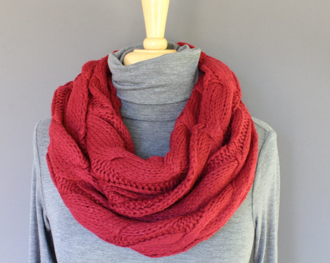 Dark Red Cable Knit Infinity Scarf Soft Chunky Knit Circle Endless Loop ...